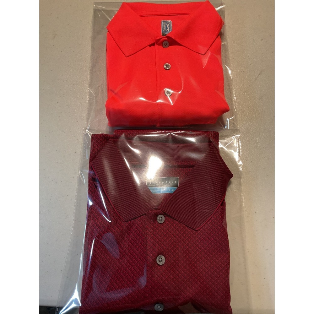 PGA Tour Mens Golf Polo Shirts Lot of 2 Burgundy Textured Orange Mesh‎ Large L